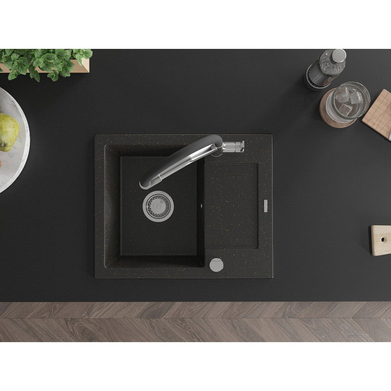Mexen Enzo zlewozmywak granitowy 1-komorowy z ociekaczem i baterią kuchenną Duo, czarny/złoty metalik - 6506-75-671701-07