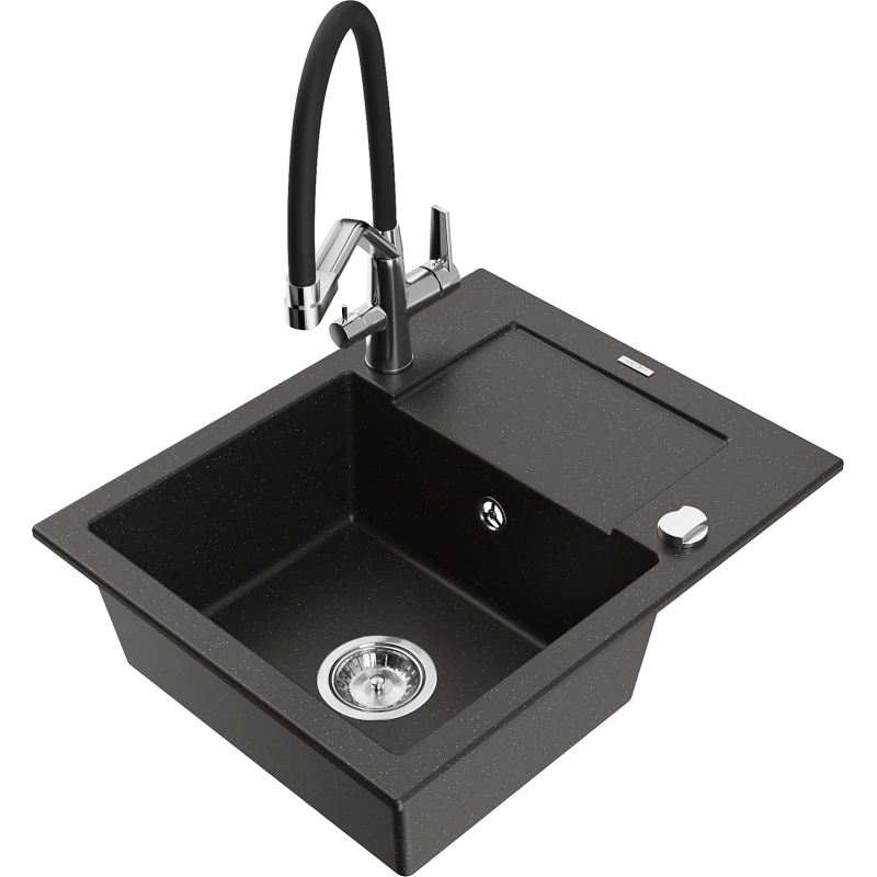 Mexen Enzo zlewozmywak granitowy 1-komorowy z ociekaczem i baterią kuchenną Duo, czarny/złoty metalik - 6506-75-671701-07