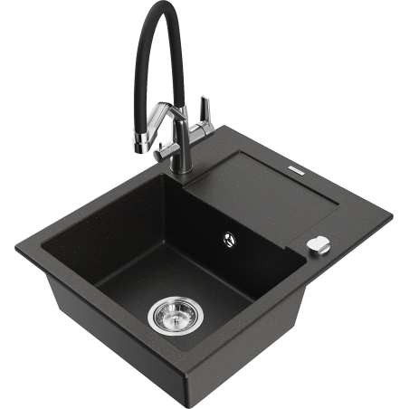 Mexen Enzo zlewozmywak granitowy 1-komorowy z ociekaczem i baterią kuchenną Duo, czarny/złoty metalik - 6506-75-671701-07