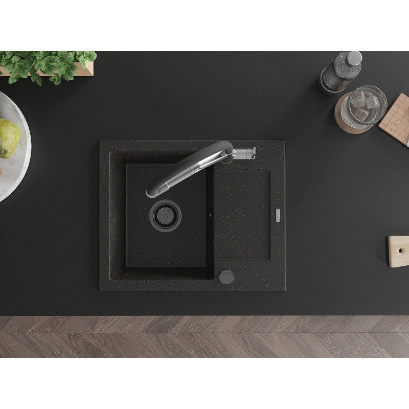 Mexen Enzo zlewozmywak granitowy 1-komorowy z ociekaczem i baterią kuchenną Duo, czarny/złoty metalik - 6506-75-671701-07-B