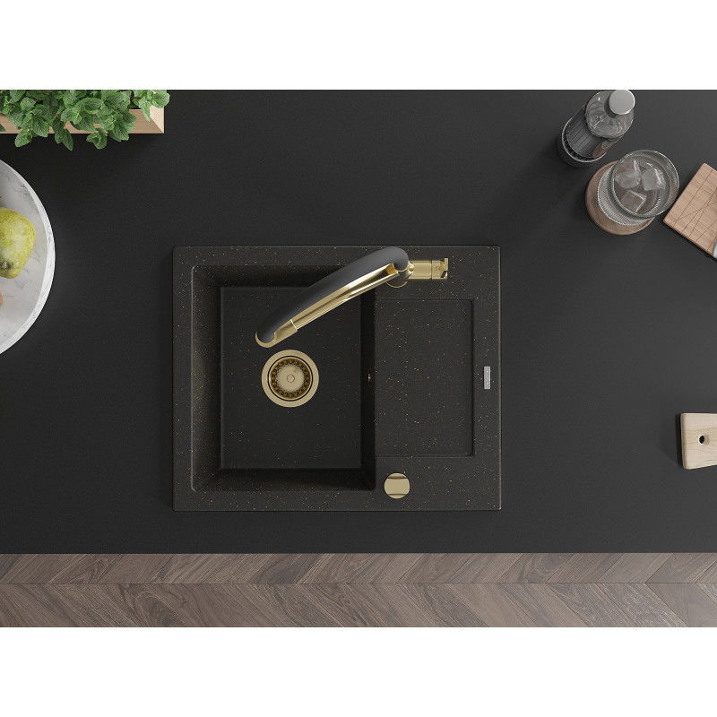 Mexen Enzo zlewozmywak granitowy 1-komorowy z ociekaczem i baterią kuchenną Duo, czarny/złoty metalik - 6506-75-671701-57-G