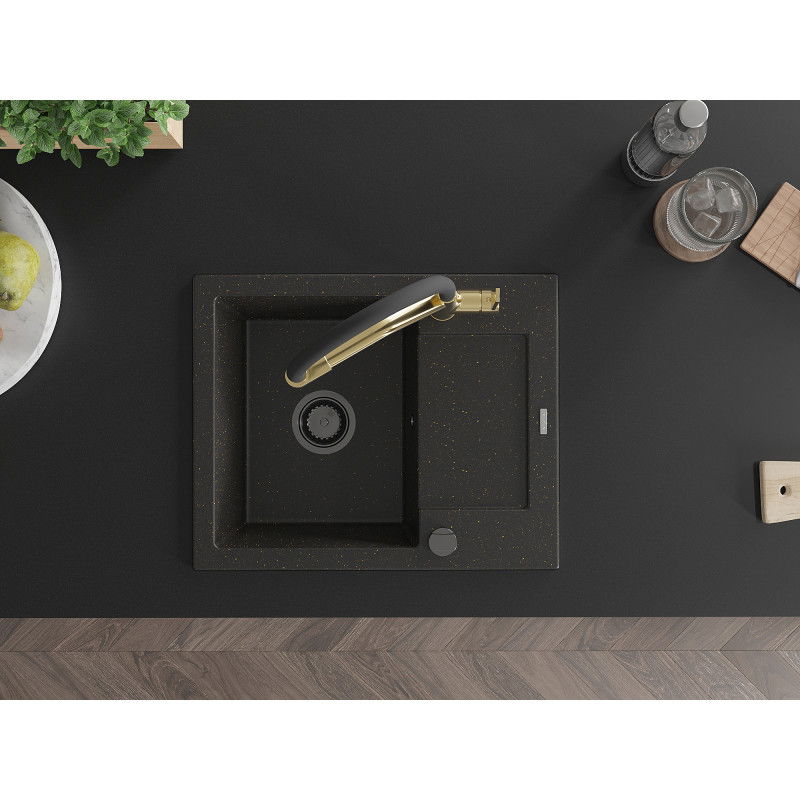 Mexen Enzo zlewozmywak granitowy 1-komorowy z ociekaczem i baterią kuchenną Duo, czarny/złoty metalik - 6506-75-671701-57-B