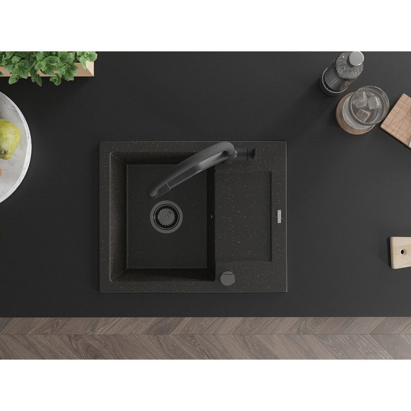 Mexen Enzo zlewozmywak granitowy 1-komorowy z ociekaczem i baterią kuchenną Duo, czarny/złoty metalik - 6506-75-671701-70-B