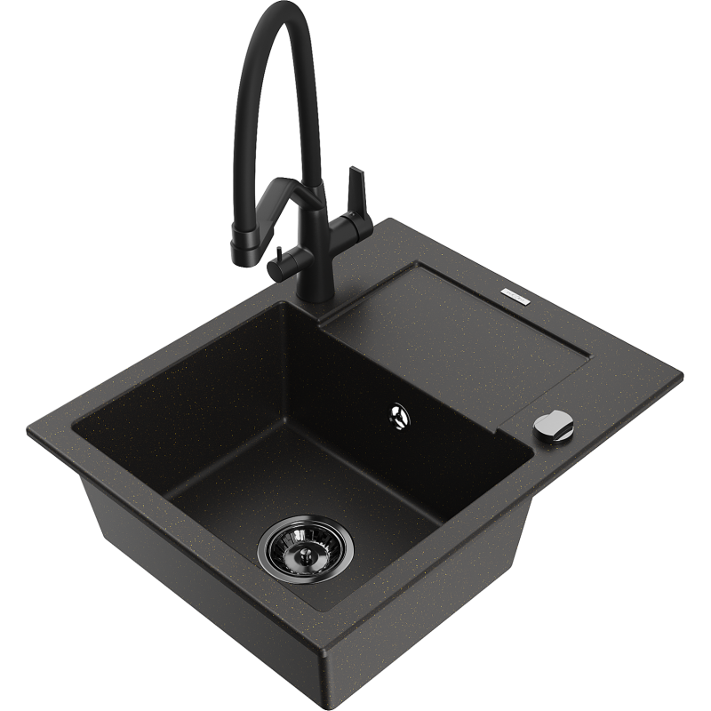 Mexen Enzo zlewozmywak granitowy 1-komorowy z ociekaczem i baterią kuchenną Duo, czarny/złoty metalik - 6506-75-671701-70-B