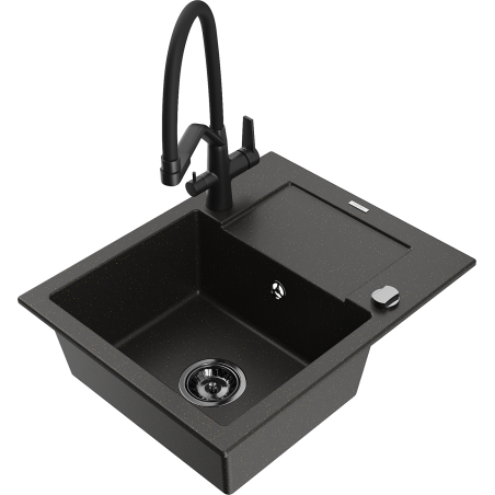 Mexen Enzo zlewozmywak granitowy 1-komorowy z ociekaczem i baterią kuchenną Duo, czarny/złoty metalik - 6506-75-671701-70-B