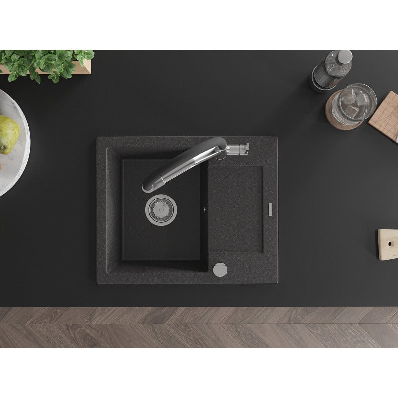 Mexen Enzo zlewozmywak granitowy 1-komorowy z ociekaczem i baterią kuchenną Duo, czarny nakrapiany - 6506-76-671701-07