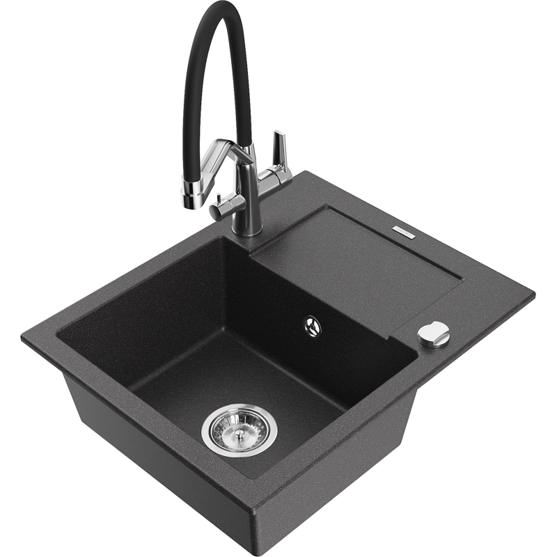 Mexen Enzo zlewozmywak granitowy 1-komorowy z ociekaczem i baterią kuchenną Duo, czarny nakrapiany - 6506-76-671701-07