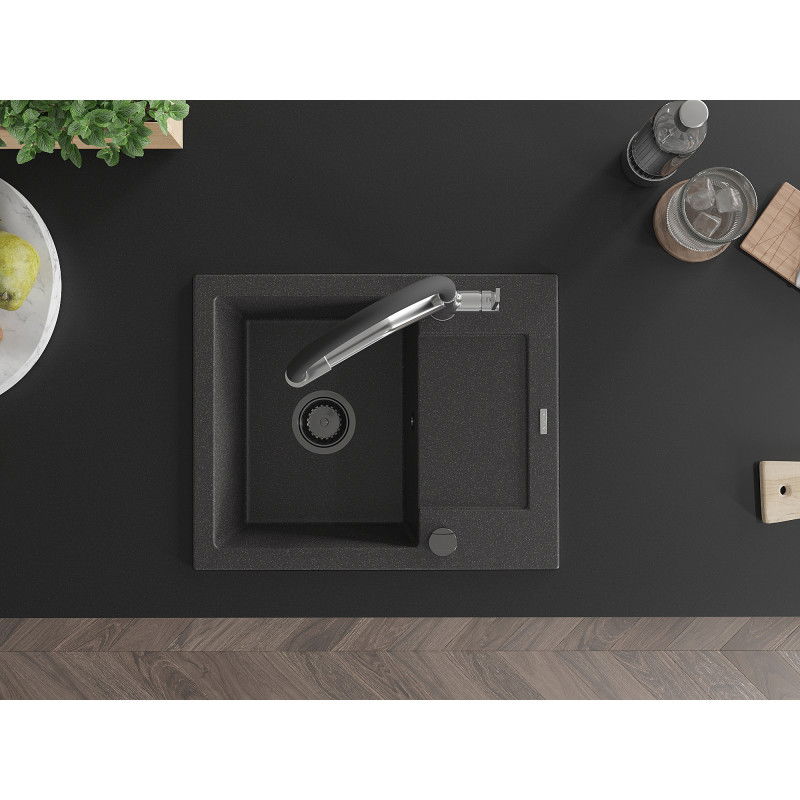 Mexen Enzo zlewozmywak granitowy 1-komorowy z ociekaczem i baterią kuchenną Duo, czarny nakrapiany - 6506-76-671701-07-B