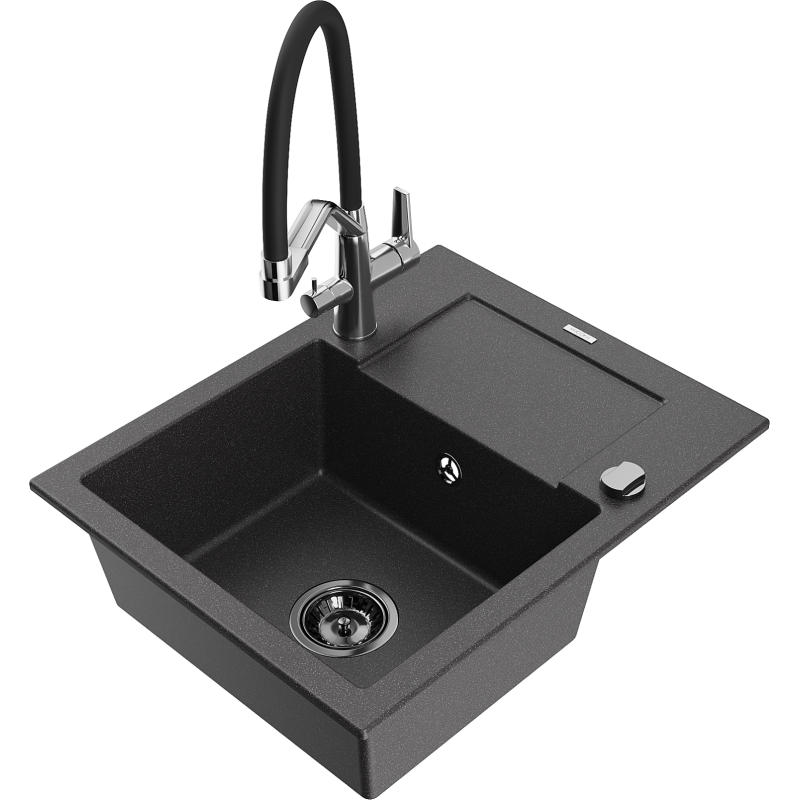 Mexen Enzo zlewozmywak granitowy 1-komorowy z ociekaczem i baterią kuchenną Duo, czarny nakrapiany - 6506-76-671701-07-B