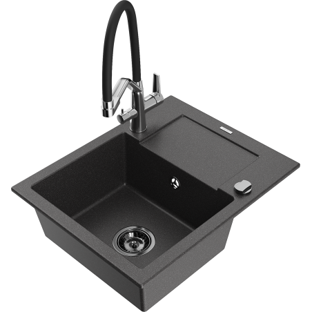 Mexen Enzo zlewozmywak granitowy 1-komorowy z ociekaczem i baterią kuchenną Duo, czarny nakrapiany - 6506-76-671701-07-B