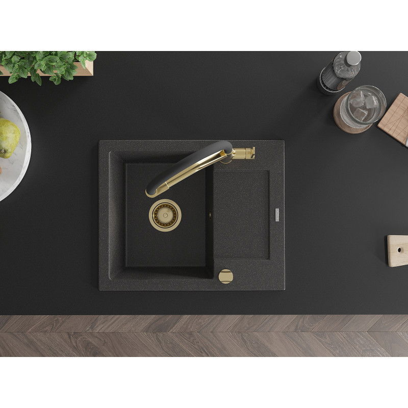 Mexen Enzo zlewozmywak granitowy 1-komorowy z ociekaczem i baterią kuchenną Duo, czarny nakrapiany - 6506-76-671701-57-G