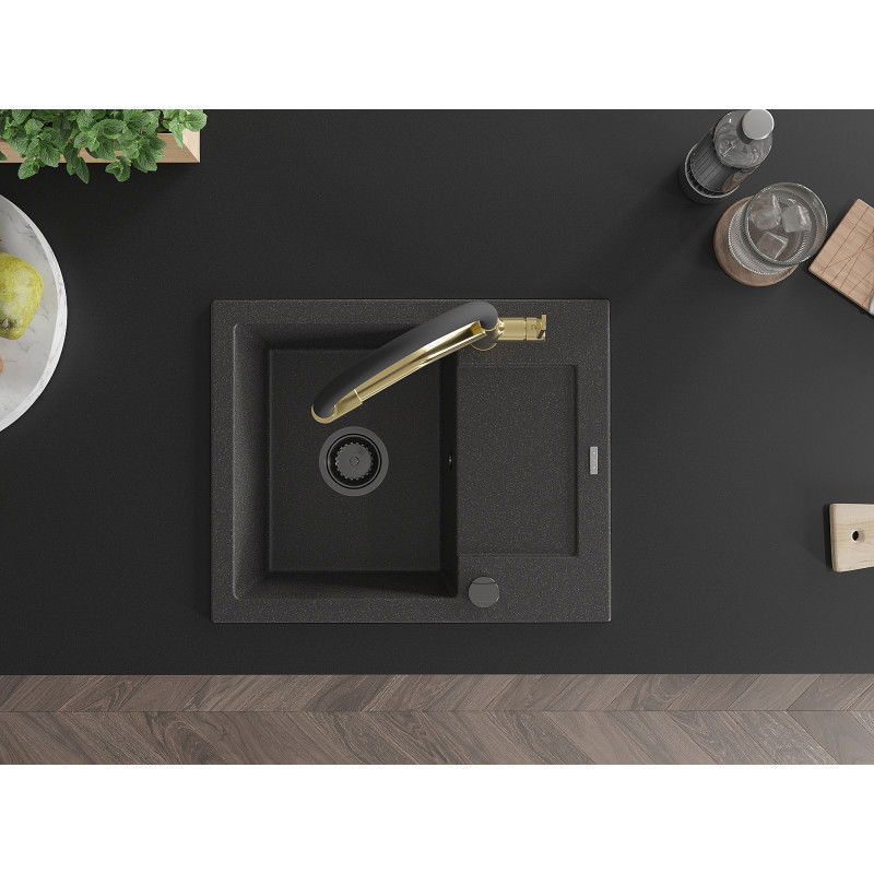 Mexen Enzo zlewozmywak granitowy 1-komorowy z ociekaczem i baterią kuchenną Duo, czarny nakrapiany - 6506-76-671701-57-B