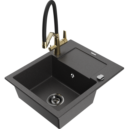 Mexen Enzo zlewozmywak granitowy 1-komorowy z ociekaczem i baterią kuchenną Duo, czarny nakrapiany - 6506-76-671701-57-B