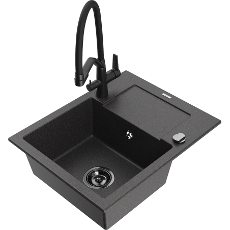 Mexen Enzo zlewozmywak granitowy 1-komorowy z ociekaczem i baterią kuchenną Duo, czarny nakrapiany - 6506-76-671701-70-B