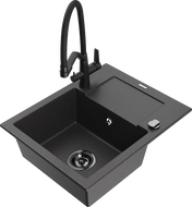 Mexen Enzo zlewozmywak granitowy 1-komorowy z ociekaczem i baterią kuchenną Duo, czarny nakrapiany - 6506-76-671701-70-B