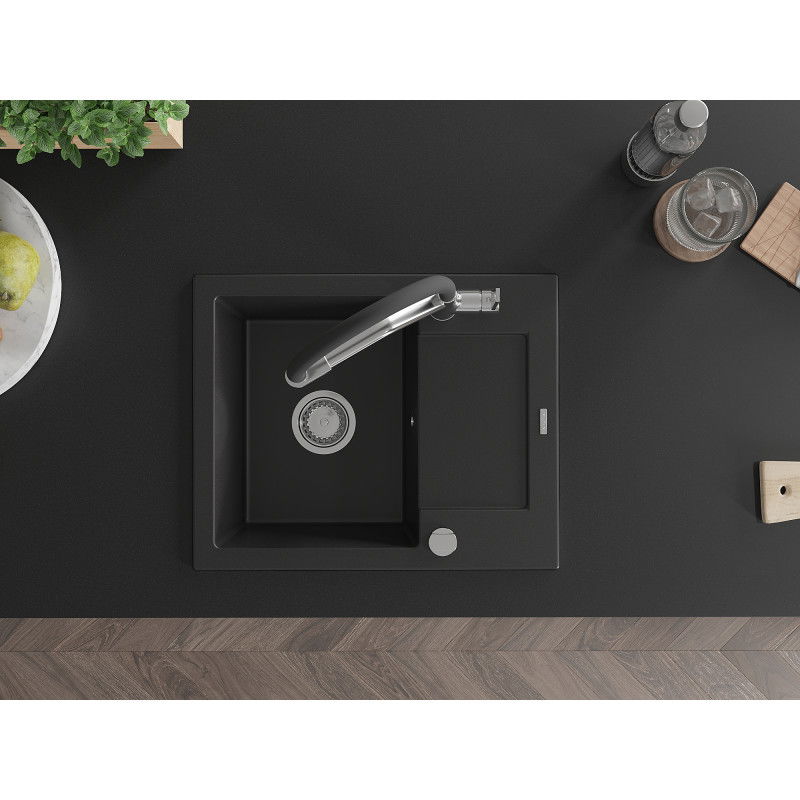 Mexen Enzo zlewozmywak granitowy 1-komorowy z ociekaczem i baterią kuchenną Duo, czarny - 6506-77-671701-07
