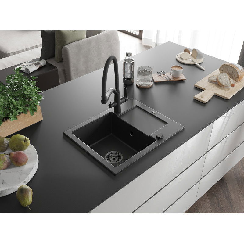 Mexen Enzo zlewozmywak granitowy 1-komorowy z ociekaczem i baterią kuchenną Duo, czarny - 6506-77-671701-70-B