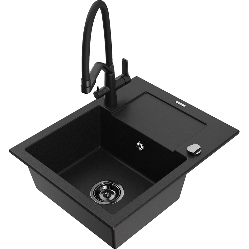 Mexen Enzo zlewozmywak granitowy 1-komorowy z ociekaczem i baterią kuchenną Duo, czarny - 6506-77-671701-70-B
