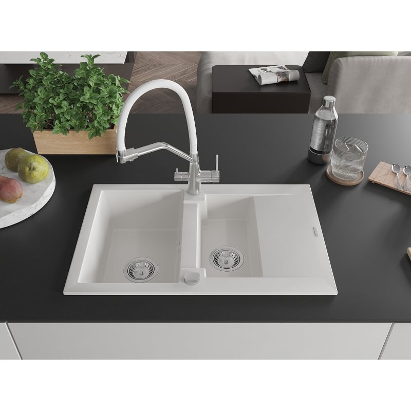 Mexen Gaspar zlewozmywak granitowy 1,5-komorowy z ociekaczem i baterią kuchenną Duo, biały - 6507-20-671701-02