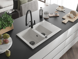 Mexen Gaspar zlewozmywak granitowy 1,5-komorowy z ociekaczem i baterią kuchenną Duo, biały - 6507-20-671701-70-B