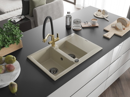 Mexen Gaspar zlewozmywak granitowy 1,5-komorowy z ociekaczem i baterią kuchenną Duo, beżowy - 6507-69-671701-57-B