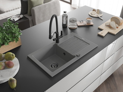 Mexen Pablo zlewozmywak granitowy 1-komorowy z ociekaczem i baterią kuchenną Duo, szary - 6510-71-671701-70-B