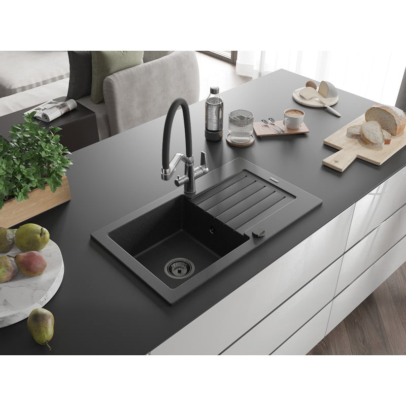 Mexen Pablo zlewozmywak granitowy 1-komorowy z ociekaczem i baterią kuchenną Duo, czarny/srebrny metalik - 6510-73-671701-07-B