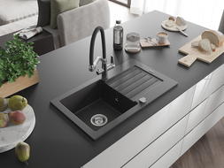 Mexen Pablo zlewozmywak granitowy 1-komorowy z ociekaczem i baterią kuchenną Duo, czarny nakrapiany - 6510-76-671701-07