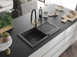 Mexen Pablo zlewozmywak granitowy 1-komorowy z ociekaczem i baterią kuchenną Duo, czarny nakrapiany - 6510-76-671701-57-B