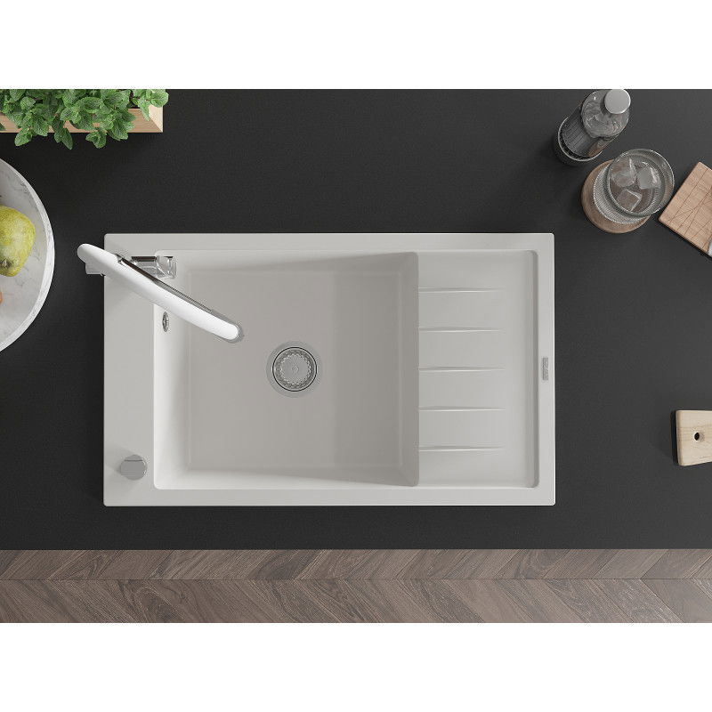 Mexen Elias zlewozmywak granitowy 1-komorowy z ociekaczem i baterią kuchenną Duo, biały - 6511-20-671701-02