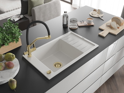 Mexen Elias zlewozmywak granitowy 1-komorowy z ociekaczem i baterią kuchenną Duo, biały - 6511-20-671701-57-G