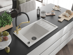 Mexen Elias zlewozmywak granitowy 1-komorowy z ociekaczem i baterią kuchenną Duo, biały - 6511-20-671701-57-B