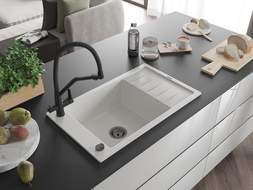 Mexen Elias zlewozmywak granitowy 1-komorowy z ociekaczem i baterią kuchenną Duo, biały - 6511-20-671701-70-B