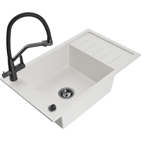 Mexen Elias zlewozmywak granitowy 1-komorowy z ociekaczem i baterią kuchenną Duo, biały - 6511-20-671701-70-B