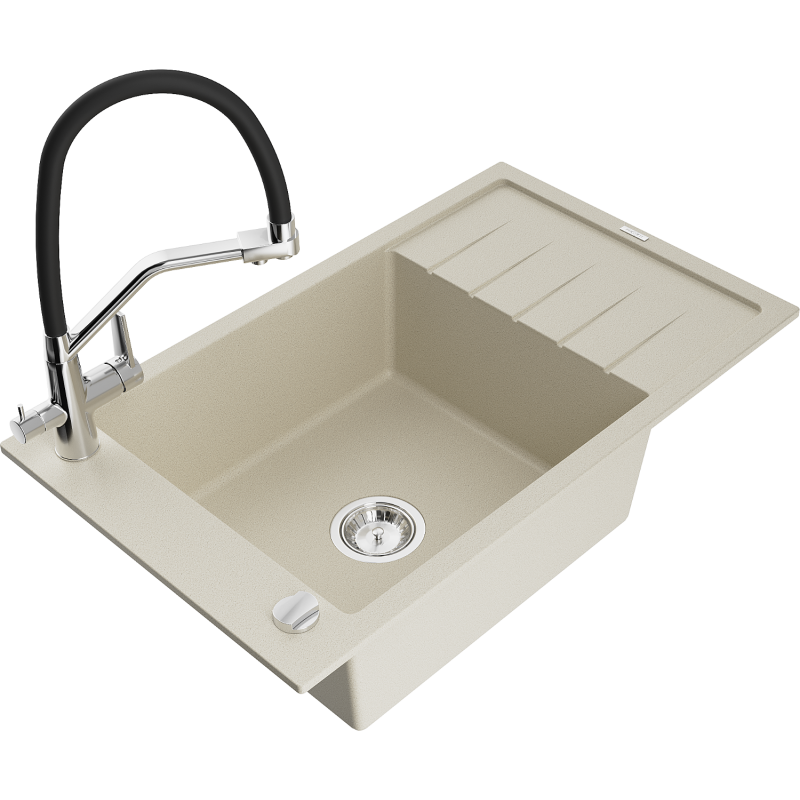 Mexen Elias zlewozmywak granitowy 1-komorowy z ociekaczem i baterią kuchenną Duo, beżowy - 6511-69-671701-07