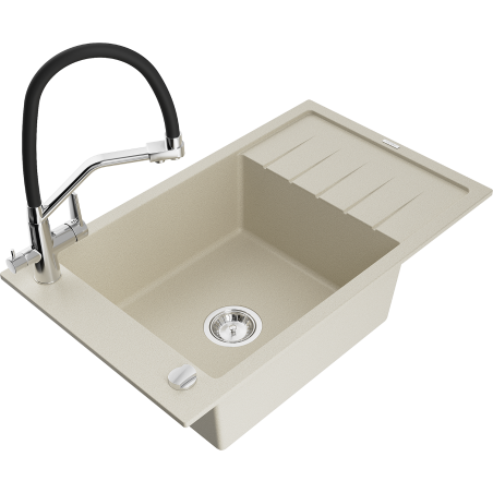 Mexen Elias zlewozmywak granitowy 1-komorowy z ociekaczem i baterią kuchenną Duo, beżowy - 6511-69-671701-07