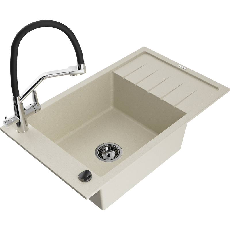 Mexen Elias zlewozmywak granitowy 1-komorowy z ociekaczem i baterią kuchenną Duo, beżowy - 6511-69-671701-07-B