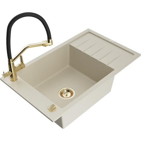 Mexen Elias zlewozmywak granitowy 1-komorowy z ociekaczem i baterią kuchenną Duo, beżowy - 6511-69-671701-57-G