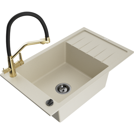 Mexen Elias zlewozmywak granitowy 1-komorowy z ociekaczem i baterią kuchenną Duo, beżowy - 6511-69-671701-57-B