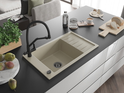 Mexen Elias zlewozmywak granitowy 1-komorowy z ociekaczem i baterią kuchenną Duo, beżowy - 6511-69-671701-70-B