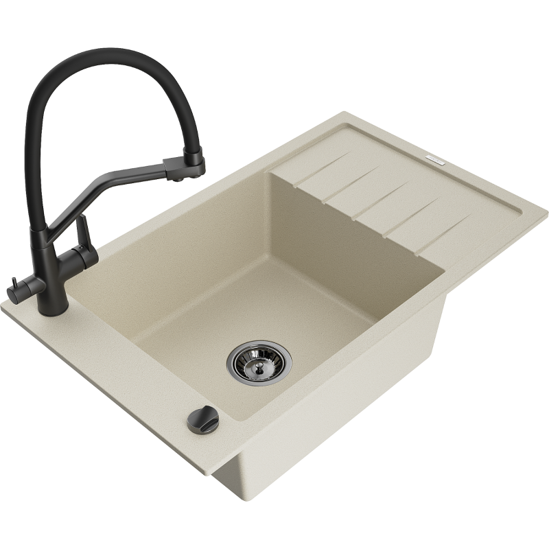 Mexen Elias zlewozmywak granitowy 1-komorowy z ociekaczem i baterią kuchenną Duo, beżowy - 6511-69-671701-70-B