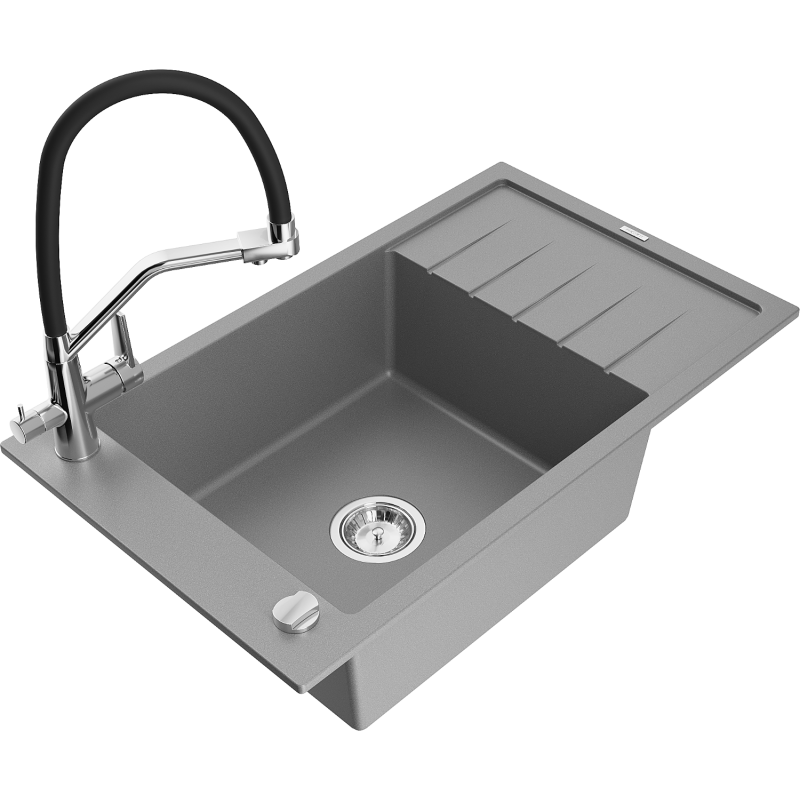Mexen Elias zlewozmywak granitowy 1-komorowy z ociekaczem i baterią kuchenną Duo, szary - 6511-71-671701-07
