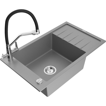 Mexen Elias zlewozmywak granitowy 1-komorowy z ociekaczem i baterią kuchenną Duo, szary - 6511-71-671701-07