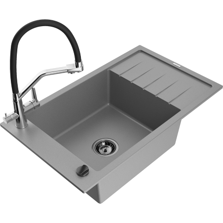 Mexen Elias zlewozmywak granitowy 1-komorowy z ociekaczem i baterią kuchenną Duo, szary - 6511-71-671701-07-B