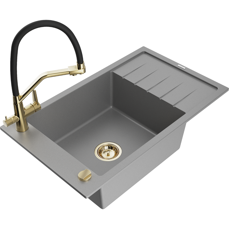 Mexen Elias zlewozmywak granitowy 1-komorowy z ociekaczem i baterią kuchenną Duo, szary - 6511-71-671701-57-G