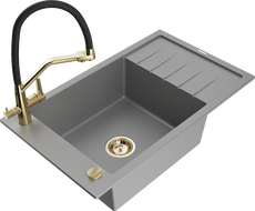 Mexen Elias zlewozmywak granitowy 1-komorowy z ociekaczem i baterią kuchenną Duo, szary - 6511-71-671701-57-G