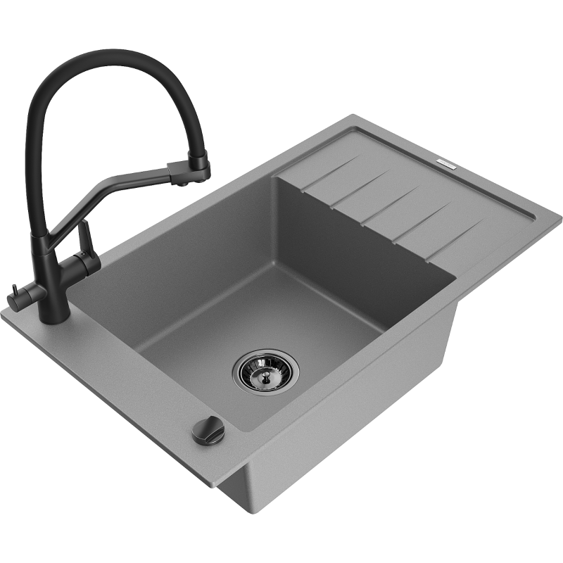 Mexen Elias zlewozmywak granitowy 1-komorowy z ociekaczem i baterią kuchenną Duo, szary - 6511-71-671701-70-B