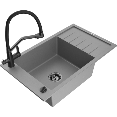 Mexen Elias zlewozmywak granitowy 1-komorowy z ociekaczem i baterią kuchenną Duo, szary - 6511-71-671701-70-B