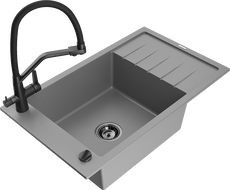 Mexen Elias zlewozmywak granitowy 1-komorowy z ociekaczem i baterią kuchenną Duo, szary - 6511-71-671701-70-B