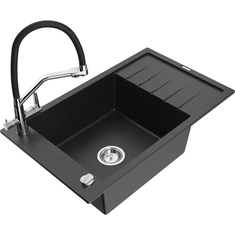 Mexen Elias zlewozmywak granitowy 1-komorowy z ociekaczem i baterią kuchenną Duo, czarny/srebrny metalik - 6511-73-671701-07